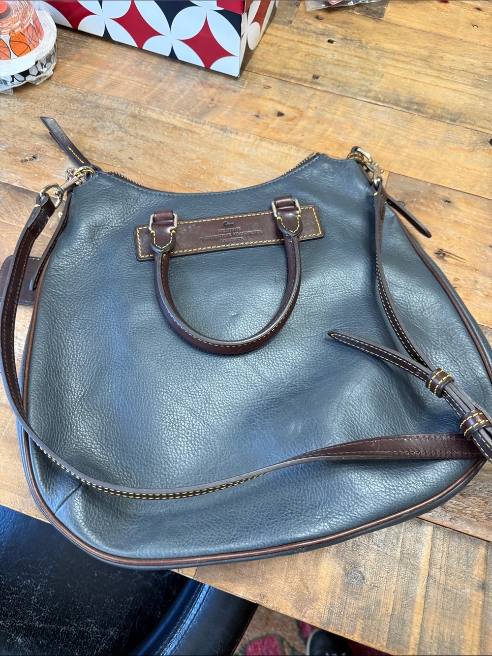 Dooney & Bourke Dark Teal Leather Shoulder Bag with Brown Trim